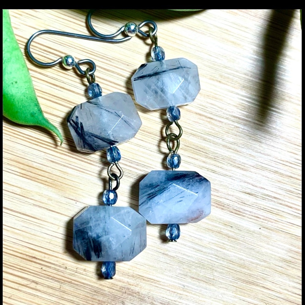 Rutilated Quartz/Tanzanite earrings. Hand made. Good quality. - Picture 7 of 8